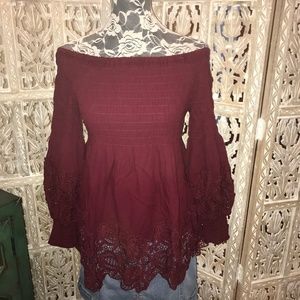New ODDI Burgundy Off-Shoulder Lace Hem Top